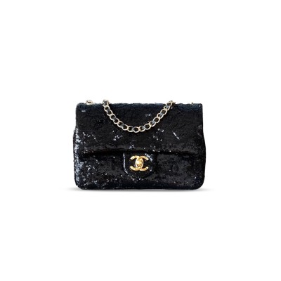 CHANEL FLAP BAG SEQUINS & GOLD METAL & BLACK AS4561 (21*14*8cm)